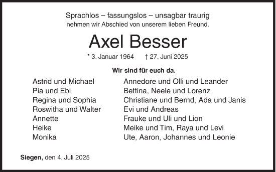 Traueranzeige von Axel Besser von Siegener Zeitung