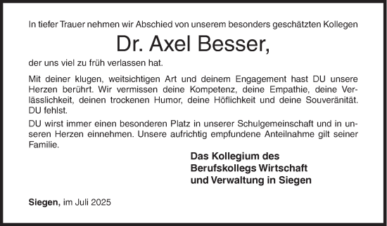 Traueranzeige von Axel Besser von Siegener Zeitung