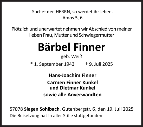 Traueranzeige von Bärbel Finner von Siegener Zeitung
