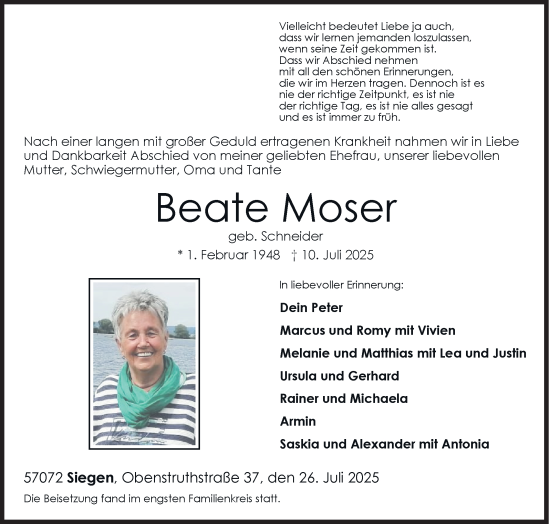 Traueranzeige von Beate Moser von Siegener Zeitung