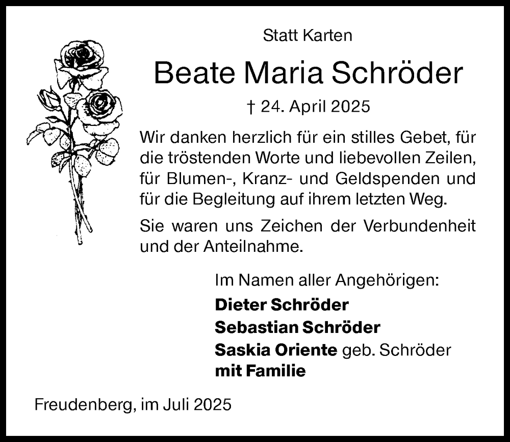  Traueranzeige für Beate Maria Schröder vom 12.07.2025 aus Siegener Zeitung