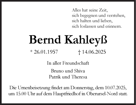 Traueranzeige von Bernd Kahleyß von Siegener Zeitung