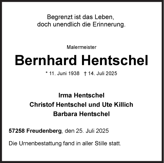 Traueranzeige von Bernhard Hentschel von Siegener Zeitung