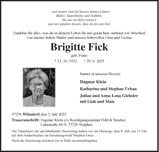 Traueranzeige von Brigitte Fick von Siegener Zeitung