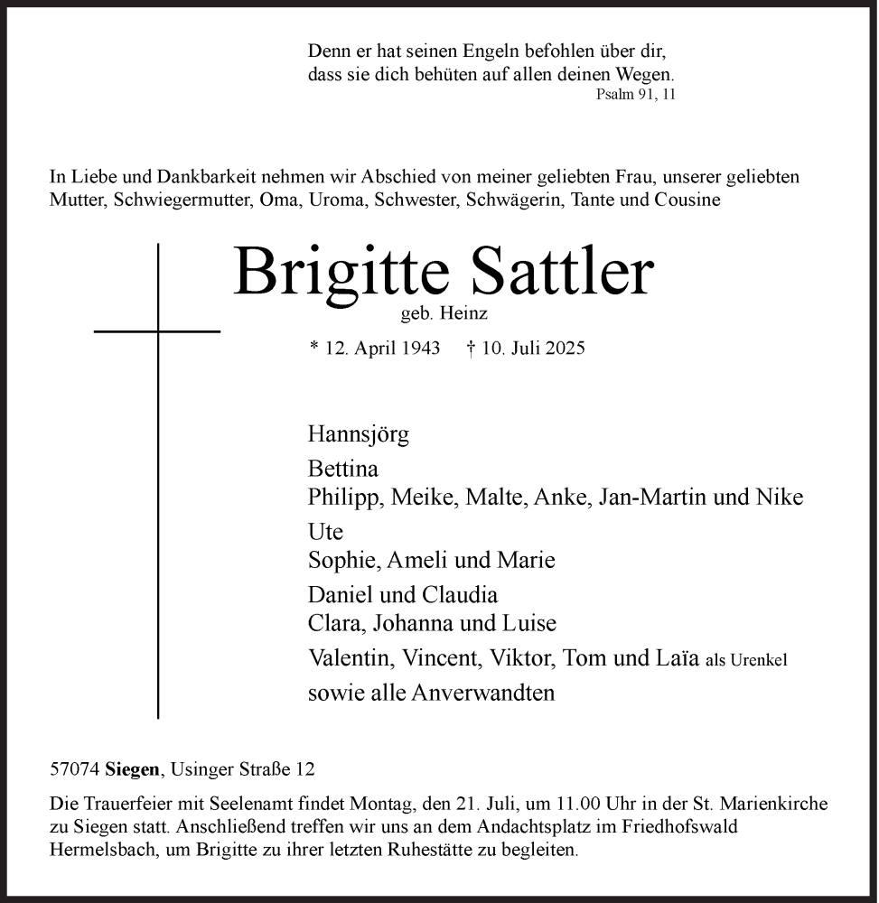  Traueranzeige für Brigitte Sattler vom 15.07.2025 aus Siegener Zeitung