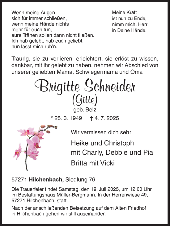 Traueranzeige von Brigitte Schneider von Siegener Zeitung