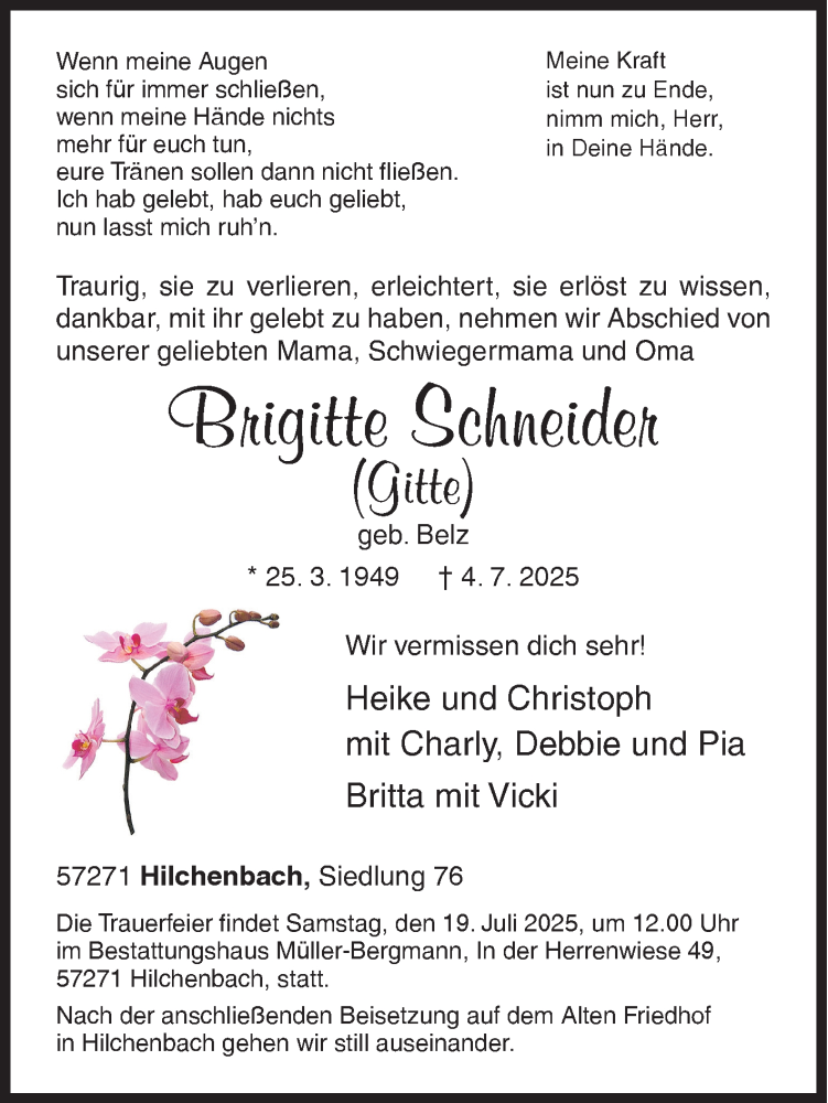  Traueranzeige für Brigitte Schneider vom 12.07.2025 aus Siegener Zeitung