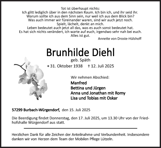 Traueranzeige von Brunhilde Diehl von Siegener Zeitung