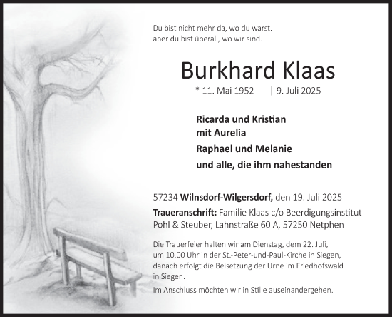 Traueranzeige von Burkhard Klaas von Siegener Zeitung