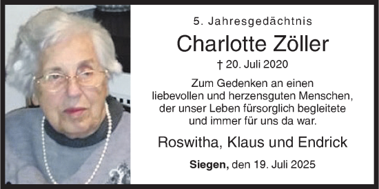 Traueranzeige von Charlotte Zöller von Siegener Zeitung