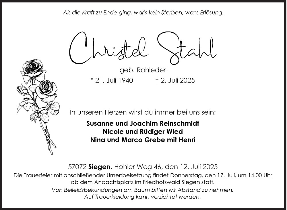  Traueranzeige für Christa Stahl vom 12.07.2025 aus Siegener Zeitung