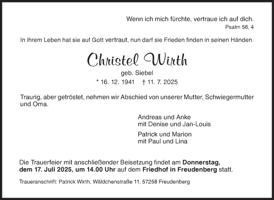 Traueranzeige von Christel Wirth von Siegener Zeitung
