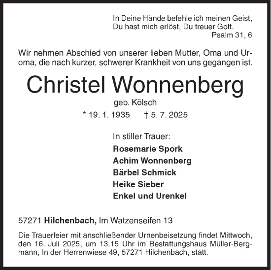 Traueranzeige von Christel Wonnenberg von Siegener Zeitung