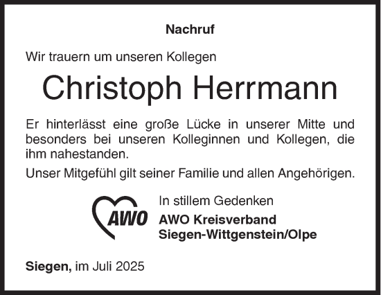 Traueranzeige von Christoph Herrmann von Siegener Zeitung