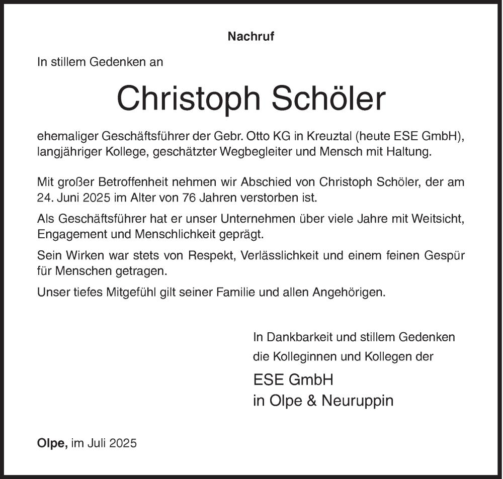  Traueranzeige für Christoph Schöler vom 09.07.2025 aus Siegener Zeitung