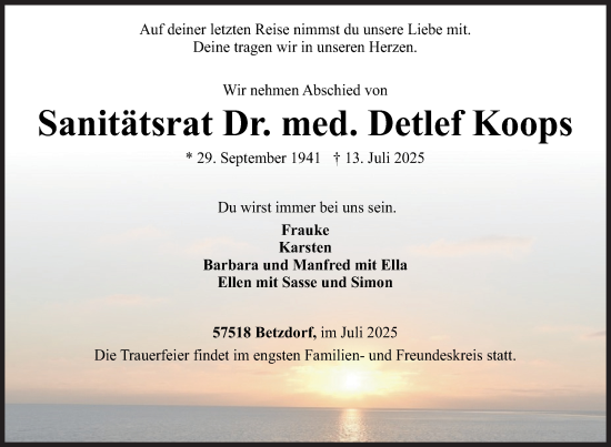 Traueranzeige von Detlef Koops von Siegener Zeitung