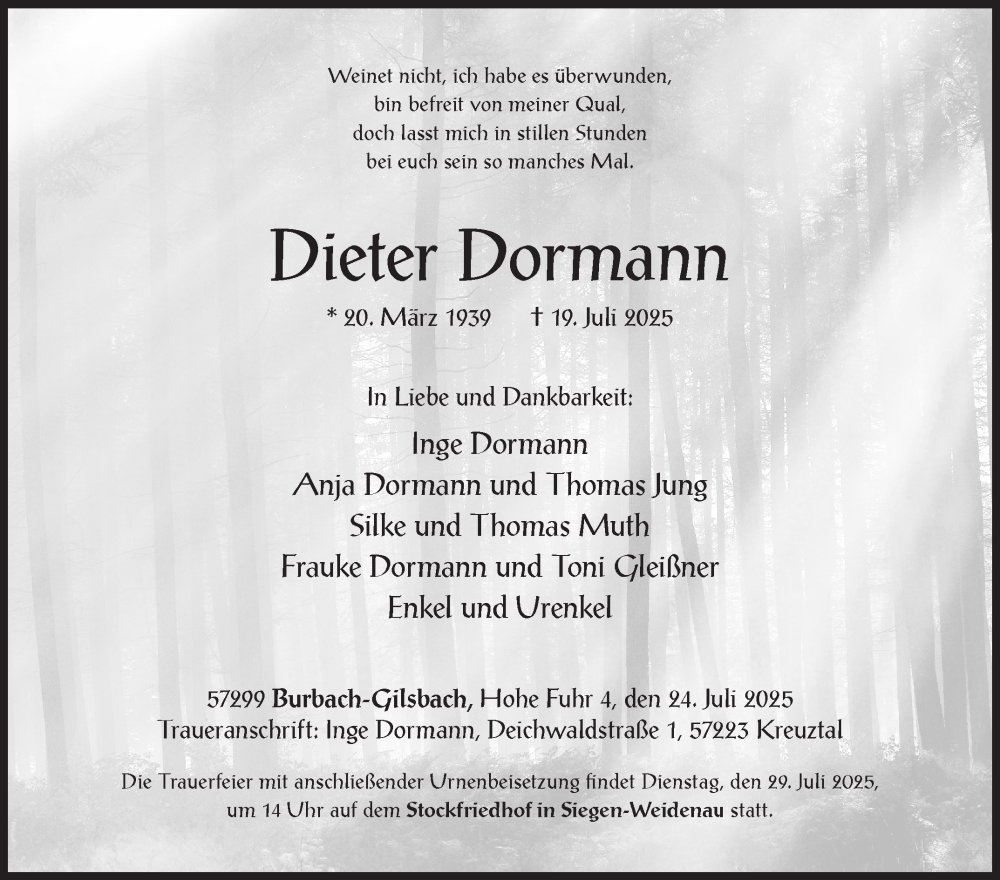  Traueranzeige für Dieter Dormann vom 24.07.2025 aus Siegener Zeitung