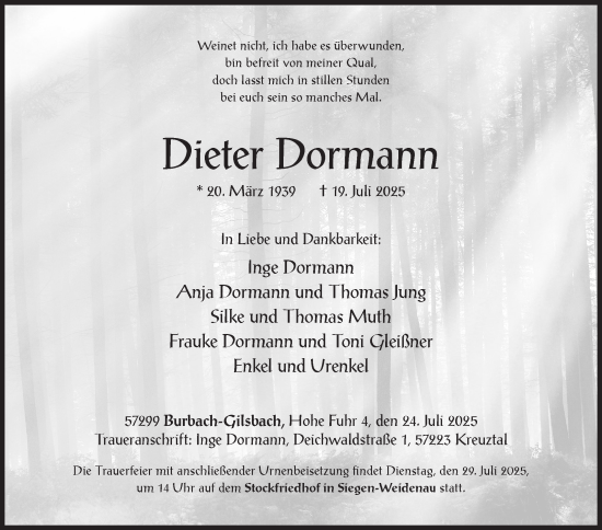 Traueranzeige von Dieter Dormann von Siegener Zeitung