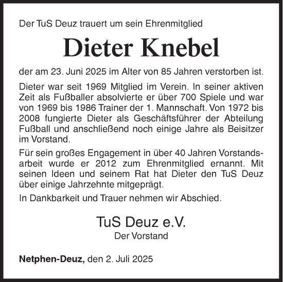 Traueranzeige von Dieter Knebel von Siegener Zeitung