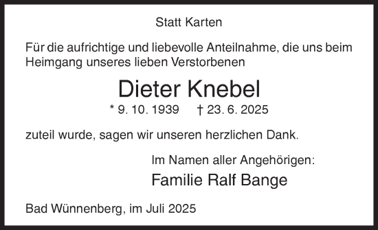 Traueranzeige von Dieter Knebel von Siegener Zeitung
