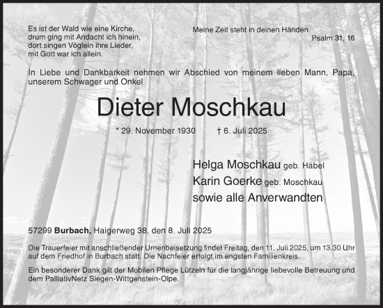 Traueranzeige von Dieter Moschkau von Siegener Zeitung