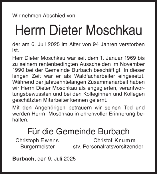 Traueranzeige von Dieter Moschkau von Siegener Zeitung