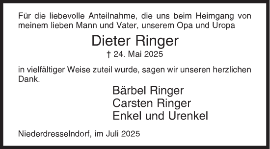 Traueranzeige von Dieter Ringer von Siegener Zeitung
