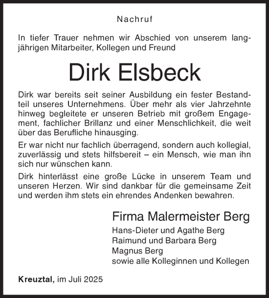 Traueranzeige von Dirk Elsbeck von Siegener Zeitung