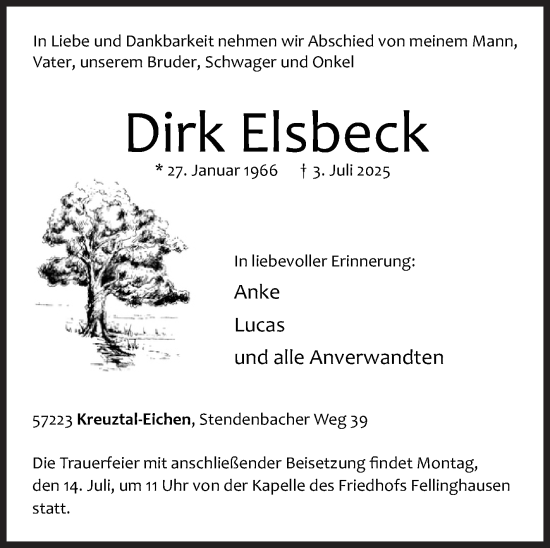 Traueranzeige von Dirk Elsbeck von Siegener Zeitung