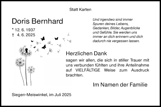 Traueranzeige von Doris Bernhard von Siegener Zeitung