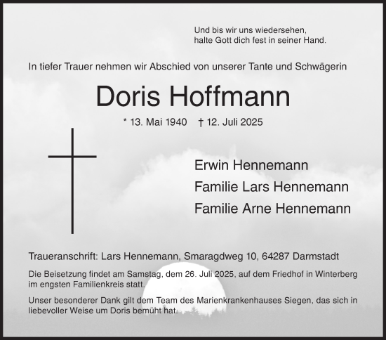 Traueranzeige von Doris Hoffmann von Siegener Zeitung
