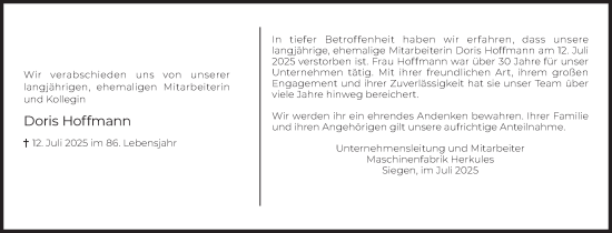 Traueranzeige von Doris Hoffmann von Siegener Zeitung