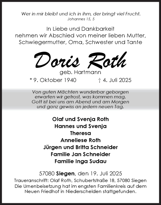 Traueranzeige von Doris Roth von Siegener Zeitung