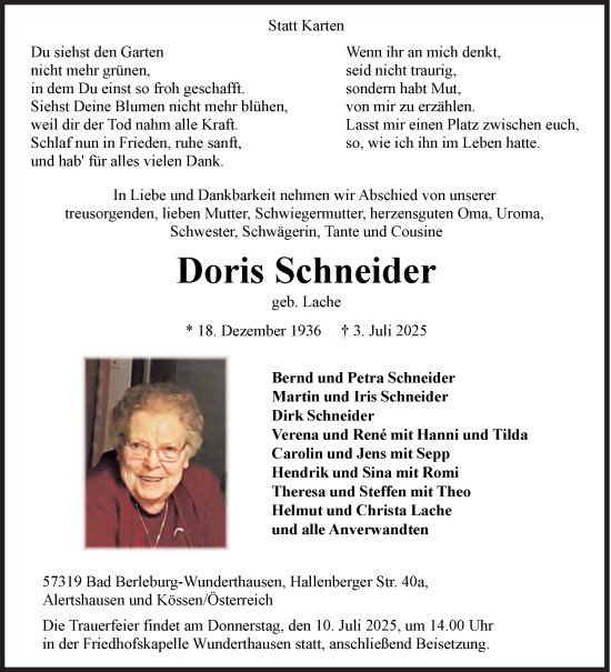 Traueranzeige von Doris Schneider von Siegener Zeitung