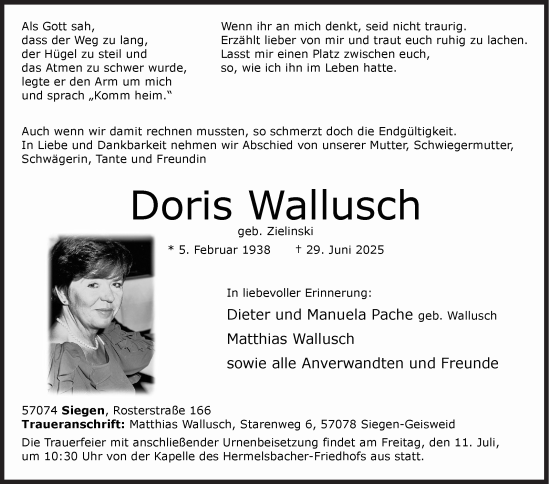Traueranzeige von Doris Wallusch von Siegener Zeitung