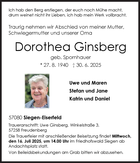 Traueranzeige von Dorothea Ginsberg von Siegener Zeitung