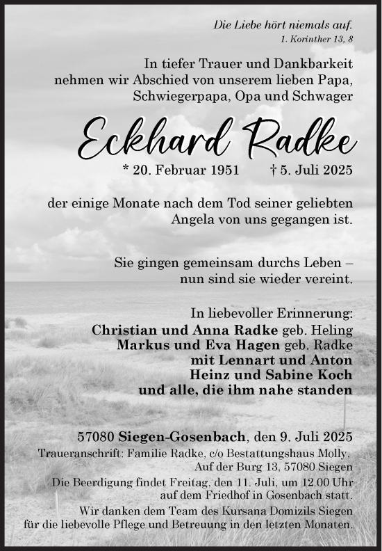 Traueranzeige von Eckhard Radke von Siegener Zeitung