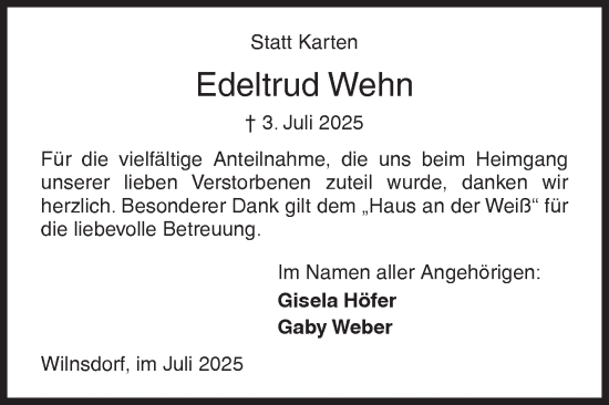 Traueranzeige von Edeltrud Wehn von Siegener Zeitung