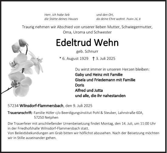 Traueranzeige von Edeltrud Wehn von Siegener Zeitung