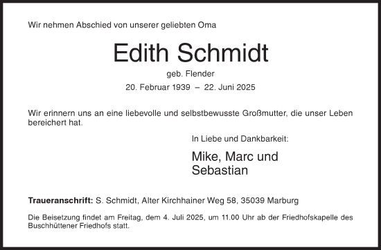 Traueranzeige von Edith Schmidt von Siegener Zeitung