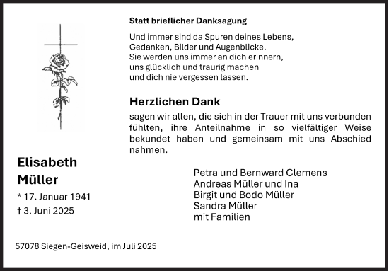 Traueranzeige von Elisabeth Müller von Siegener Zeitung
