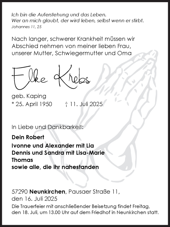 Traueranzeige von Elke Krebs von Siegener Zeitung