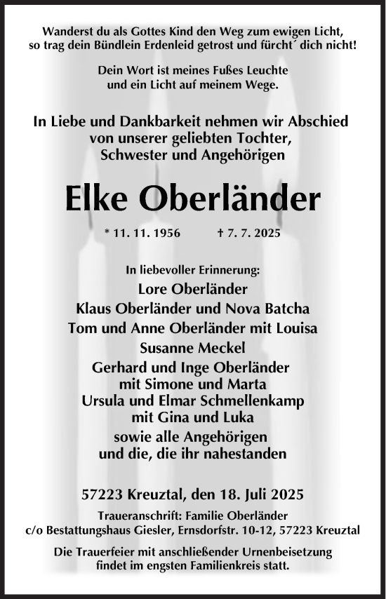 Traueranzeige von Elke Oberländer von Siegener Zeitung