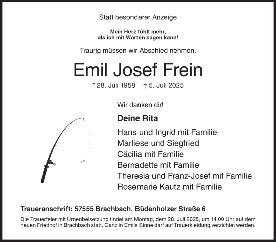 Traueranzeige von Emil Josef Frein von Siegener Zeitung