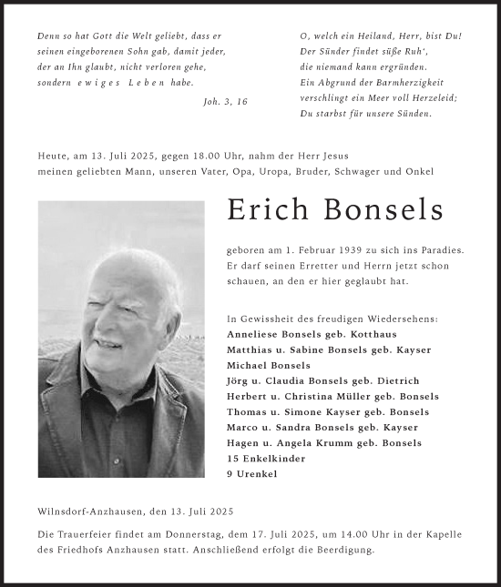 Traueranzeige von Erich Bonsels von Siegener Zeitung