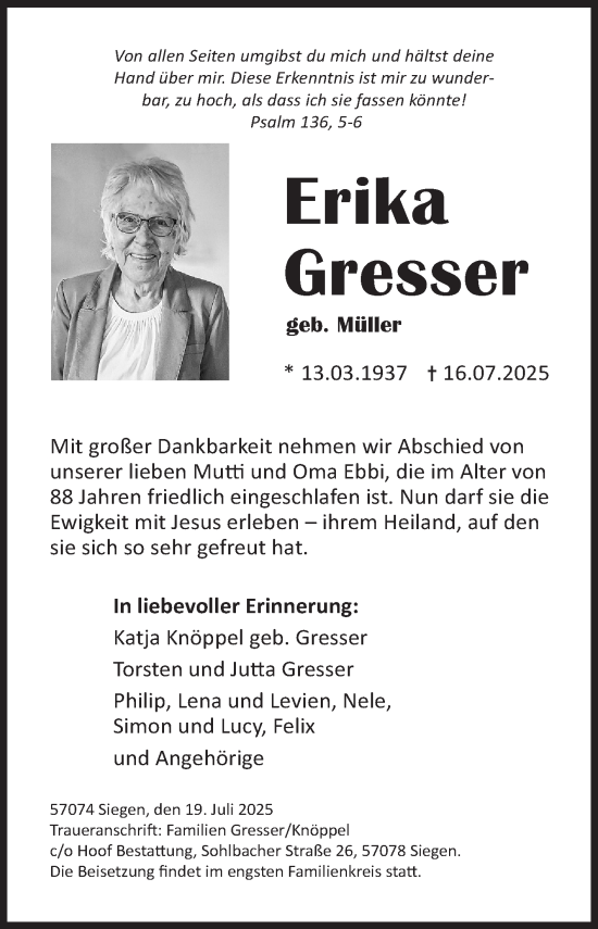 Traueranzeige von Erika Gresser von Siegener Zeitung