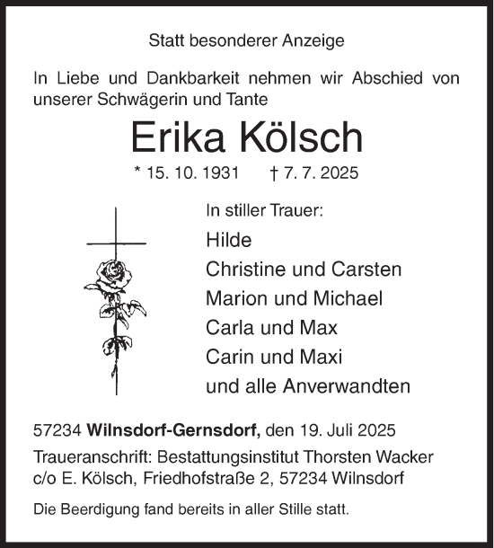 Traueranzeige von Erika Kölsch von Siegener Zeitung