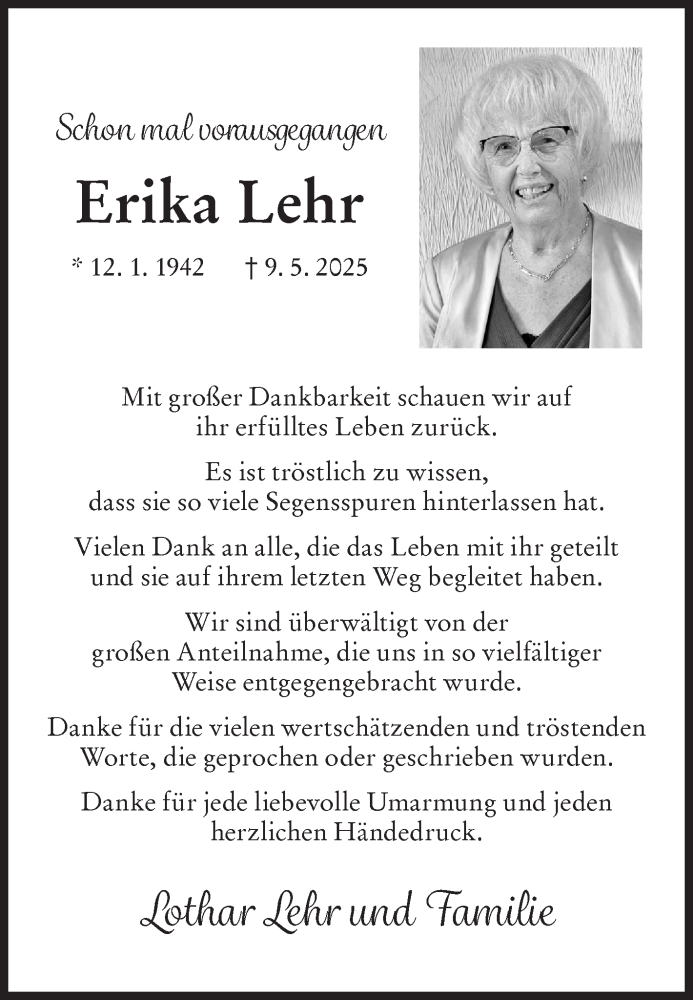  Traueranzeige für Erika Lehr vom 12.07.2025 aus Siegener Zeitung