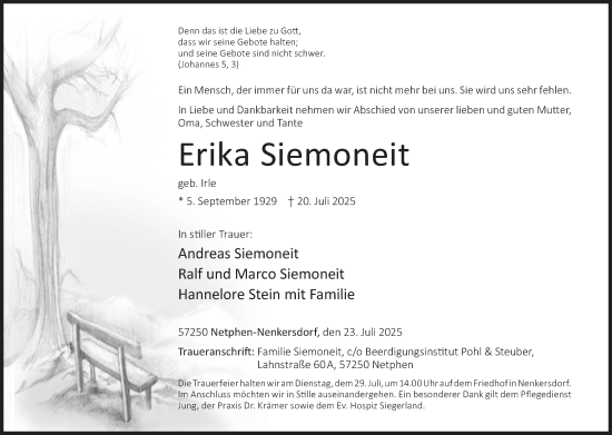 Traueranzeige von Erika Siemoneit von Siegener Zeitung