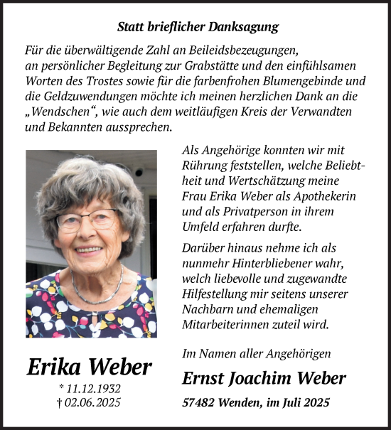 Traueranzeige von Erika Weber von Siegener Zeitung